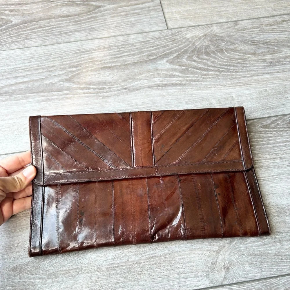 Vintage Eel Skin Brown Minimalist Boho Clutch Made in Korea